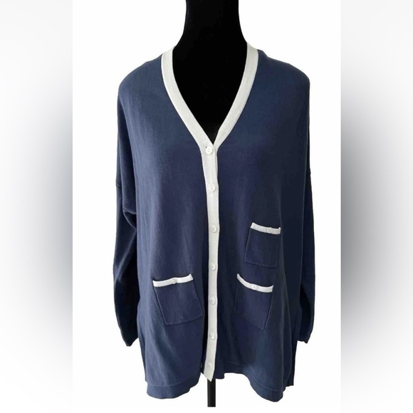 Wynne Layers XS Cardigan Blue White Button Front Sweater 100% Cotton Oversized - Picture 1 of 11